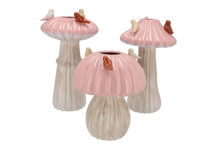 Bird Mushroom Vase Pink Ass 18x18x31cm