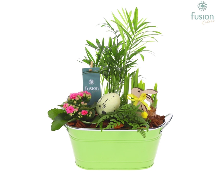 <h4>Schaal zink ovaal Pasen met Arrangement verschillende kleuren</h4>