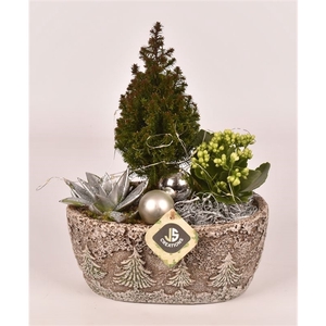 Cement ov. kerstboom decor 23x14cm