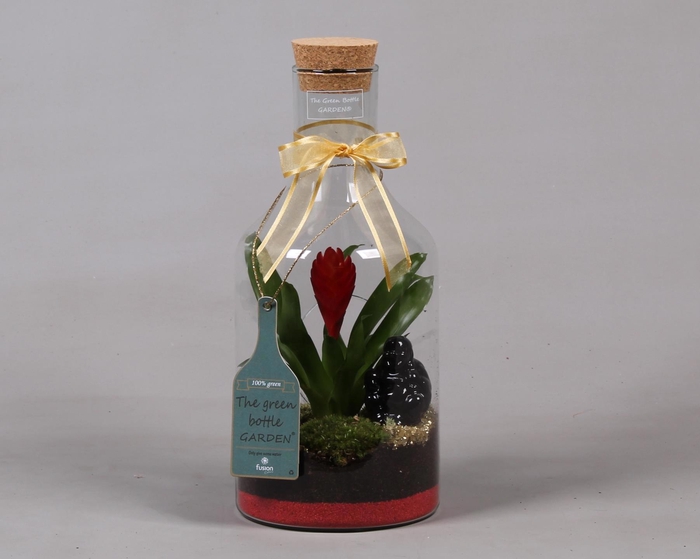 <h4>Green Bottle Fles Small met Bromelia en buddha</h4>