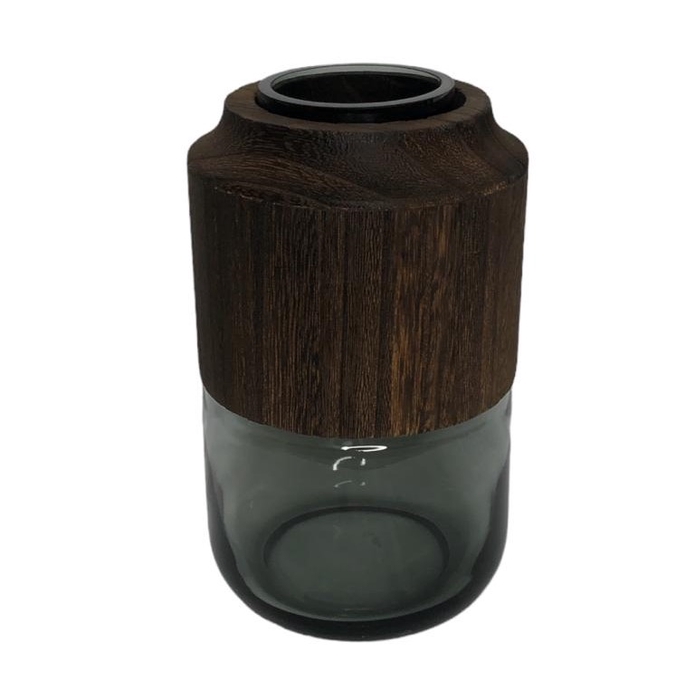 <h4>VASO DE VIDRO C/BASE MADEIRA 23X14CM - CINZA/MARROM 34568 IMP</h4>