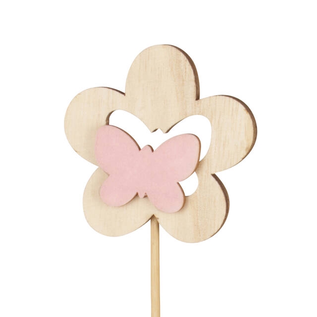 Pick flower wood+velvet 7cm+12cm stick pink