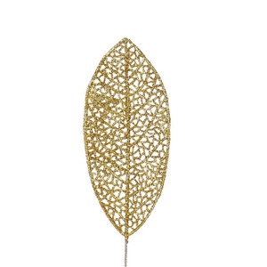 Bijsteker Blad glitter open 14x6cm+10cm draad goud