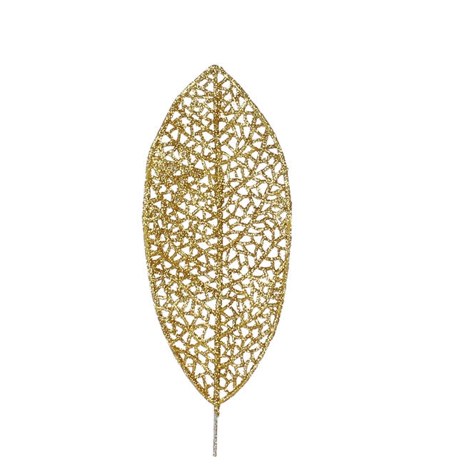 <h4>Bijsteker Blad glitter open 14x6cm+10cm draad goud</h4>