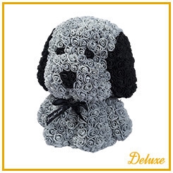 Hond DELUXE op standaard 25cm grijs/zwart in luxe cadeauverpakking !!!