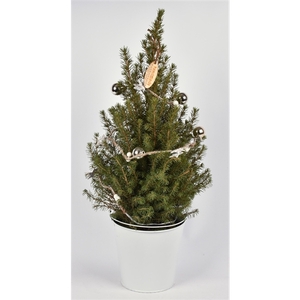 Zink emmer wit met kerstslinger en LED 15cm