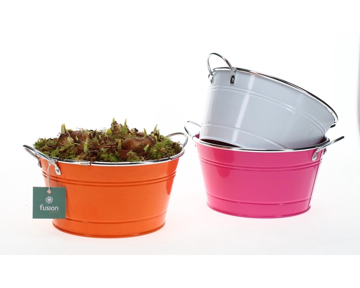 <h4>Zinken schaal rond div. kleuren met narcissen</h4>