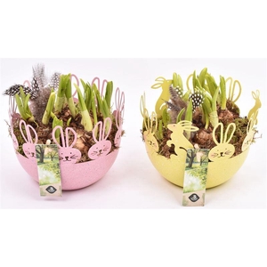 Zink schaal geel/roze paasdec. 16cm