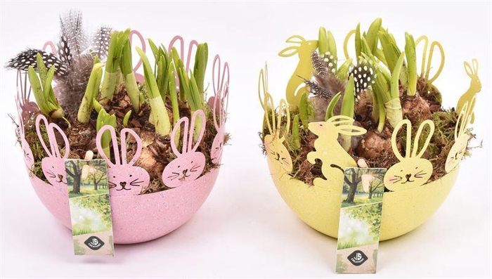 <h4>Zink schaal geel/roze paasdec. 16cm</h4>