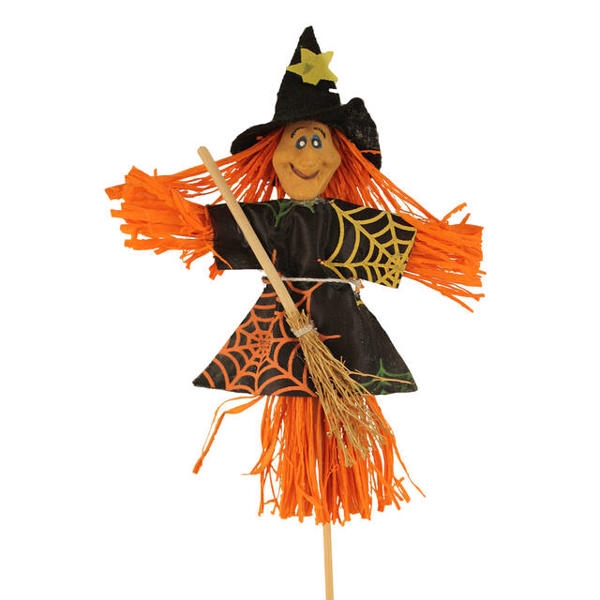 <h4>Bijsteker Heks met bezem 15x10cm+12cm stok oranje</h4>