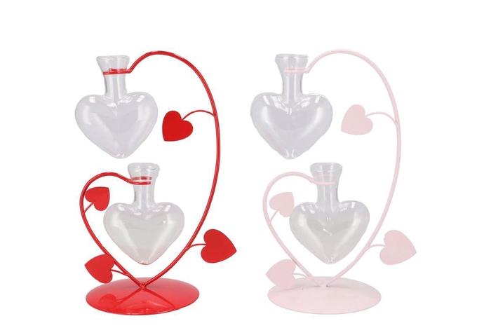 <h4>Xelly Red/pink Metal Rack Love Vases Ass 15x11x25</h4>