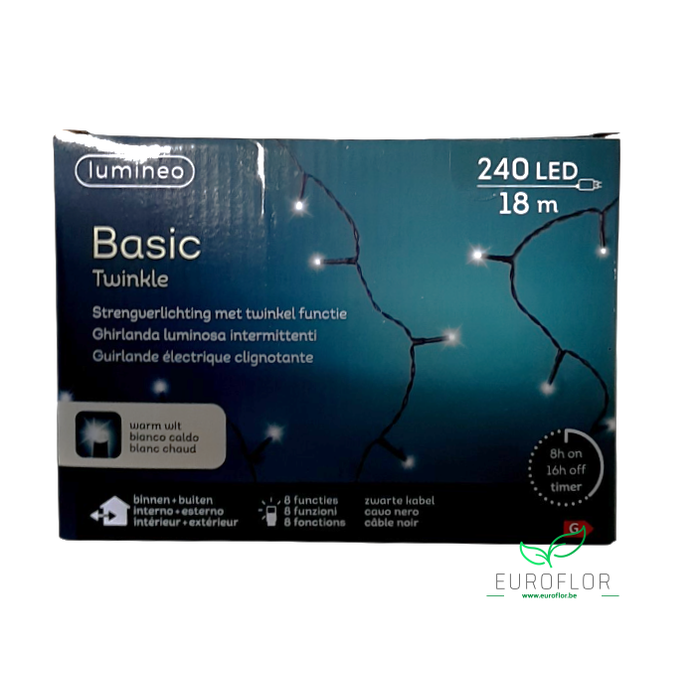 <h4>LED 8 FUNCTIES ZWARTE DRAAD 240led WARMWIT 18m</h4>