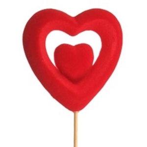 Stick heart double flock 7x7cm red