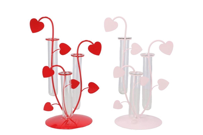 <h4>Xelly Red/pink Metal Rack Heart 2vases Ass17x12x27</h4>