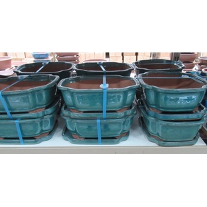 Bonsai pot oval glazed green, with plate ( 32x26x10)