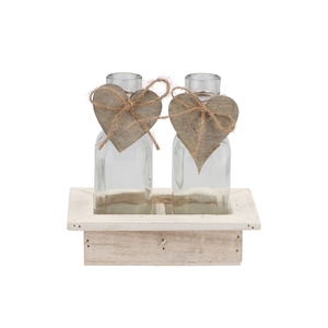 Wooden Rack + 2-bottles+heart White 15x10x16cm