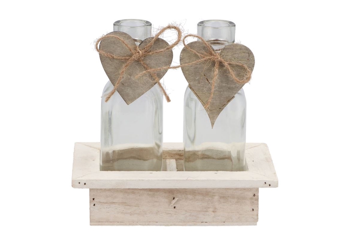 Wooden Rack + 2-bottles+heart White 15x10x16cm