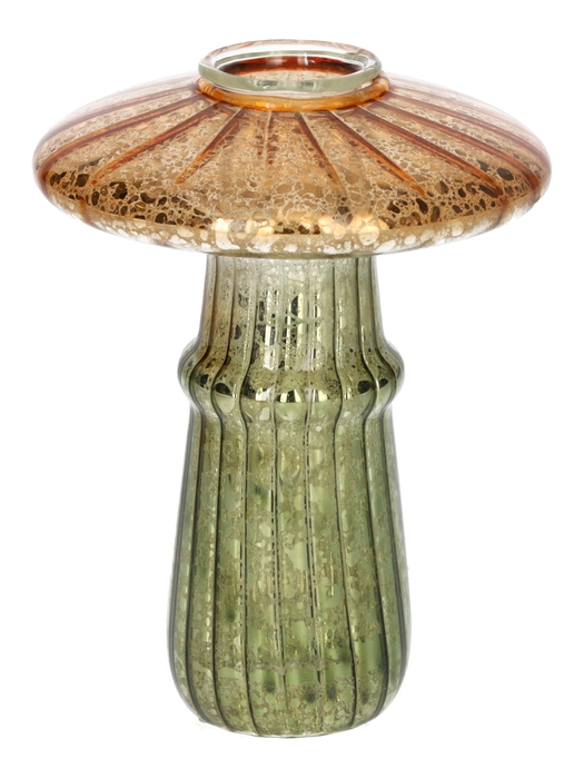 <h4>DF02-730301600 - Candle holder Shiitake d3.4/9xh12 green/orange metallic</h4>