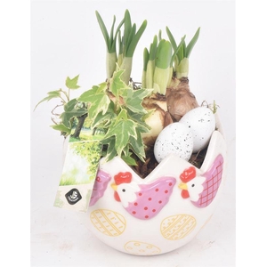 Keramiek ei met decor kip 13cm