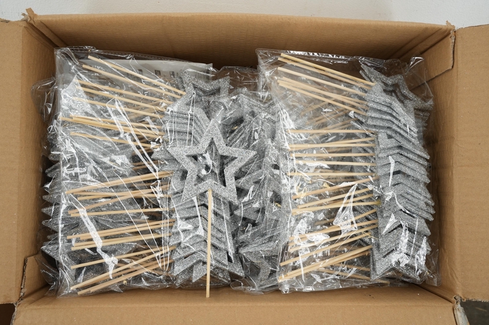 <h4>Pick star open d.9cm+12cm stick silver glitter</h4>