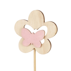 Bijsteker bloem hout+velvet 7cm+50cm stok roze
