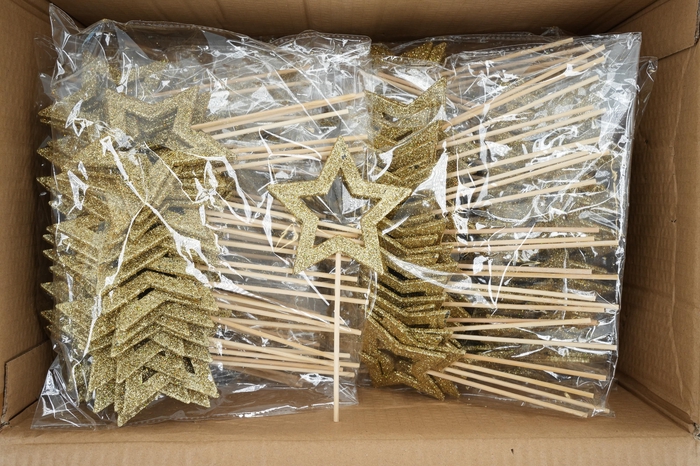 <h4>Pick star open d.9cm+12cm stick gold glitter</h4>
