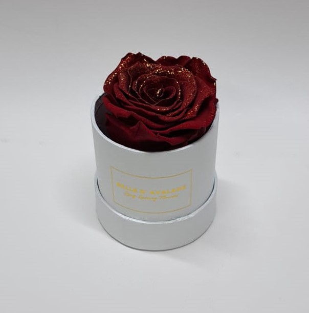 Box rd 8cm glitter wit-bordeaux
