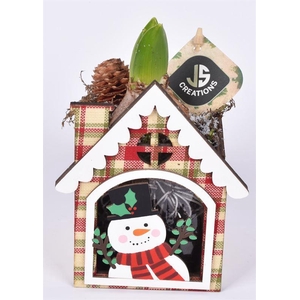 Hout kersthuisje sneeuwpop 11x11cm