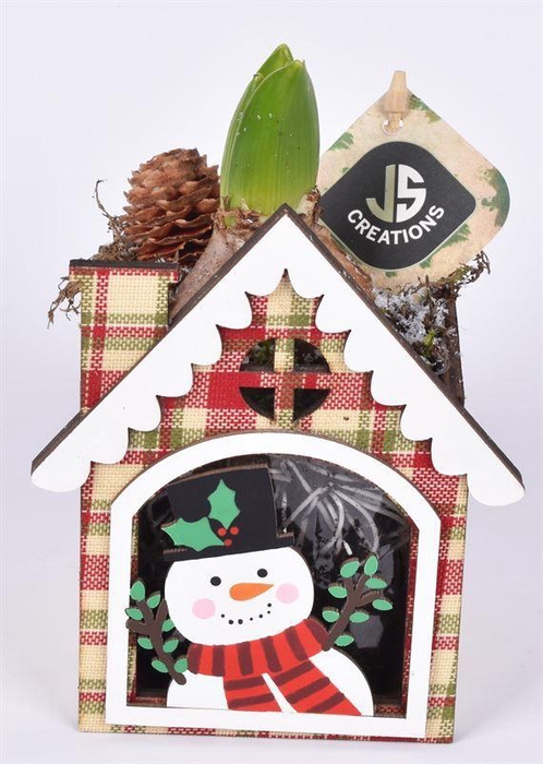 <h4>Hout kersthuisje sneeuwpop 11x11cm</h4>