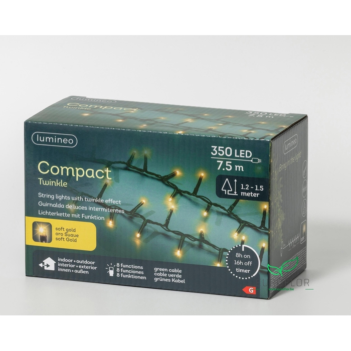 <h4>LED COMPACT LIGHTS OUTDOOR 8 FUNCTIE TWINKEL EFFECT GREEN CABLE SOFTGOLD 350LAMPS 7500CM</h4>