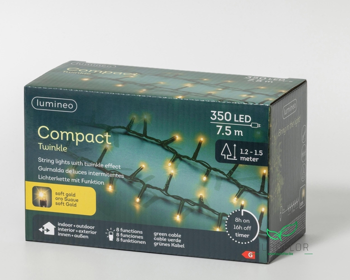 LED COMPACT LIGHTS OUTDOOR 8 FUNCTIE TWINKEL EFFECT GREEN CABLE SOFTGOLD 350LAMPS 7500CM