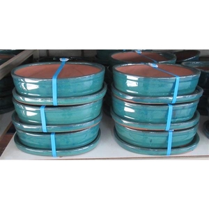 Bonsai pot oval glazed green, with plate ( 31x24x9)