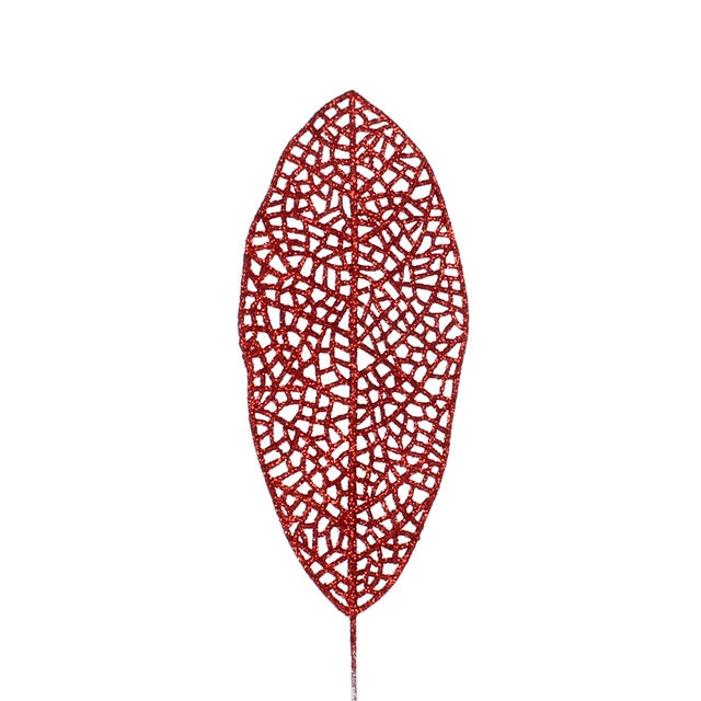 <h4>Bijsteker Blad glitter open 14x6cm+10cm draad rood</h4>