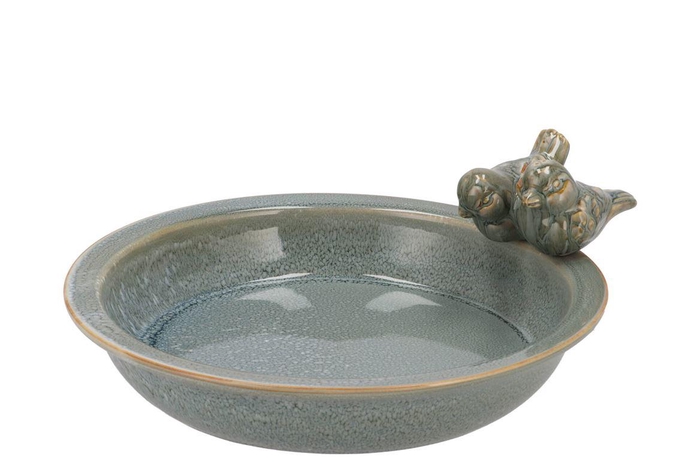 Iron Stone Bird Bowl Glazed Blue 28x5cm