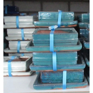 Bonsai pot rectangle glazed blue, green and/or white, with plate (14,5x11x6)