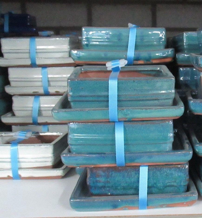 <h4>Bonsai pot rectangle glazed blue, green and/or white, with plate (14,5x11x6)</h4>