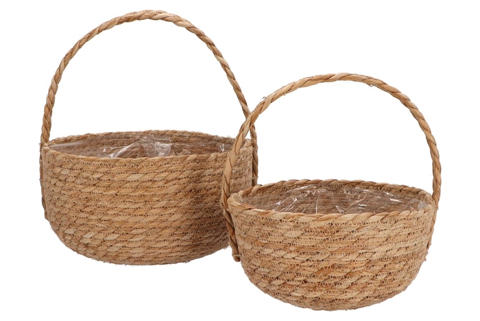 Seagrass Laos Straw Basket Natural Handle S/2 27x15cm